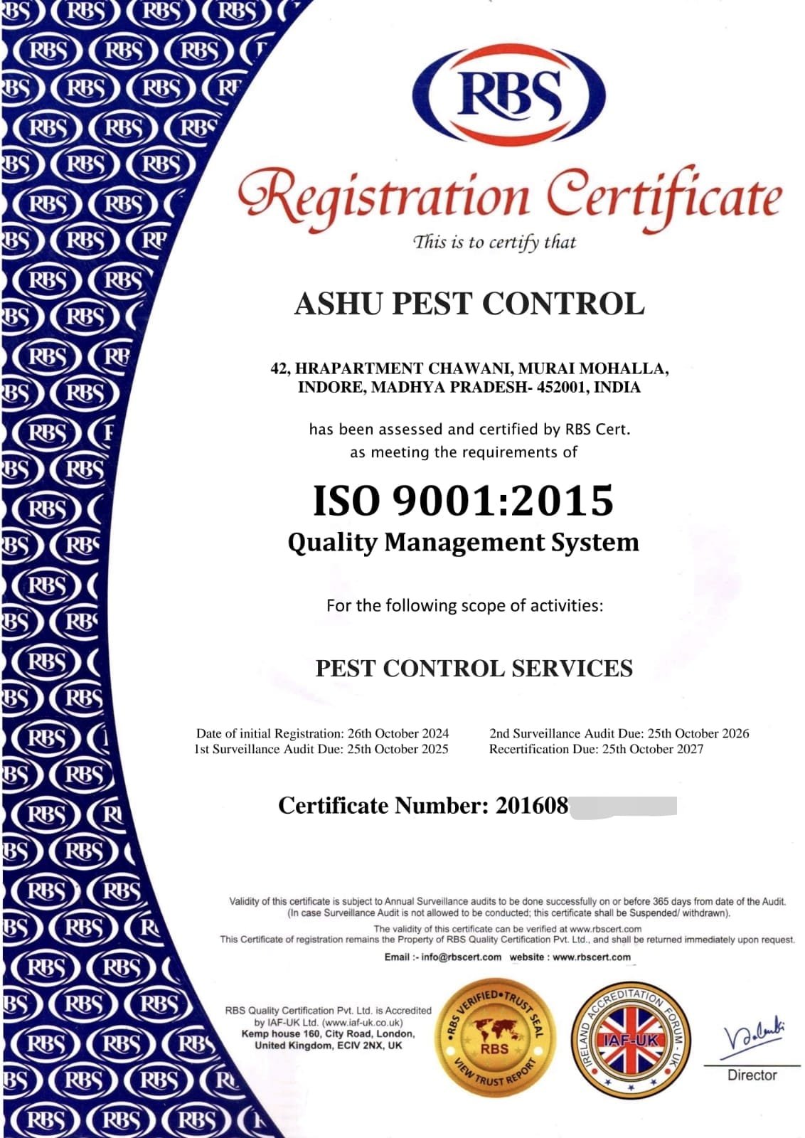 ISO Certificate ashu pest control